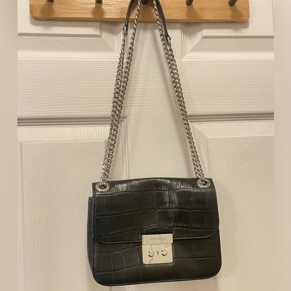 Michael Kors Sloan Editor Silver Chain Shoulder Bag Crocodile Embossed Leather